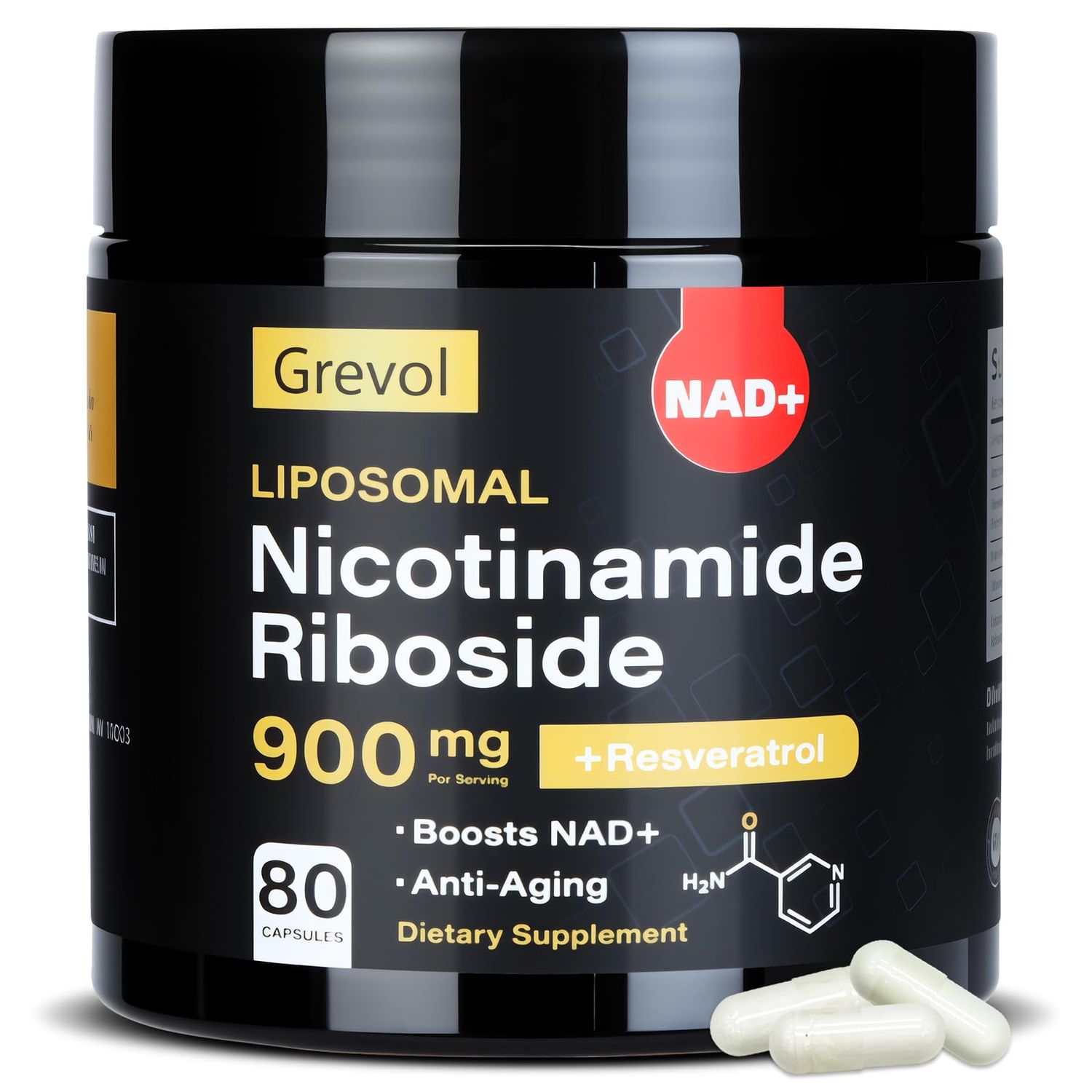 Grevol NAD Supplement for Men Women: Liposomal Nicotinamide Riboside with Resveratrol Quercetin - High Absorption Formula for Energy, Focus, and Skin - 80 Capsules
