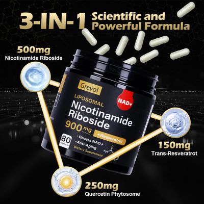 Grevol NAD Supplement for Men Women: Liposomal Nicotinamide Riboside with Resveratrol Quercetin - High Absorption Formula for Energy, Focus, and Skin - 80 Capsules