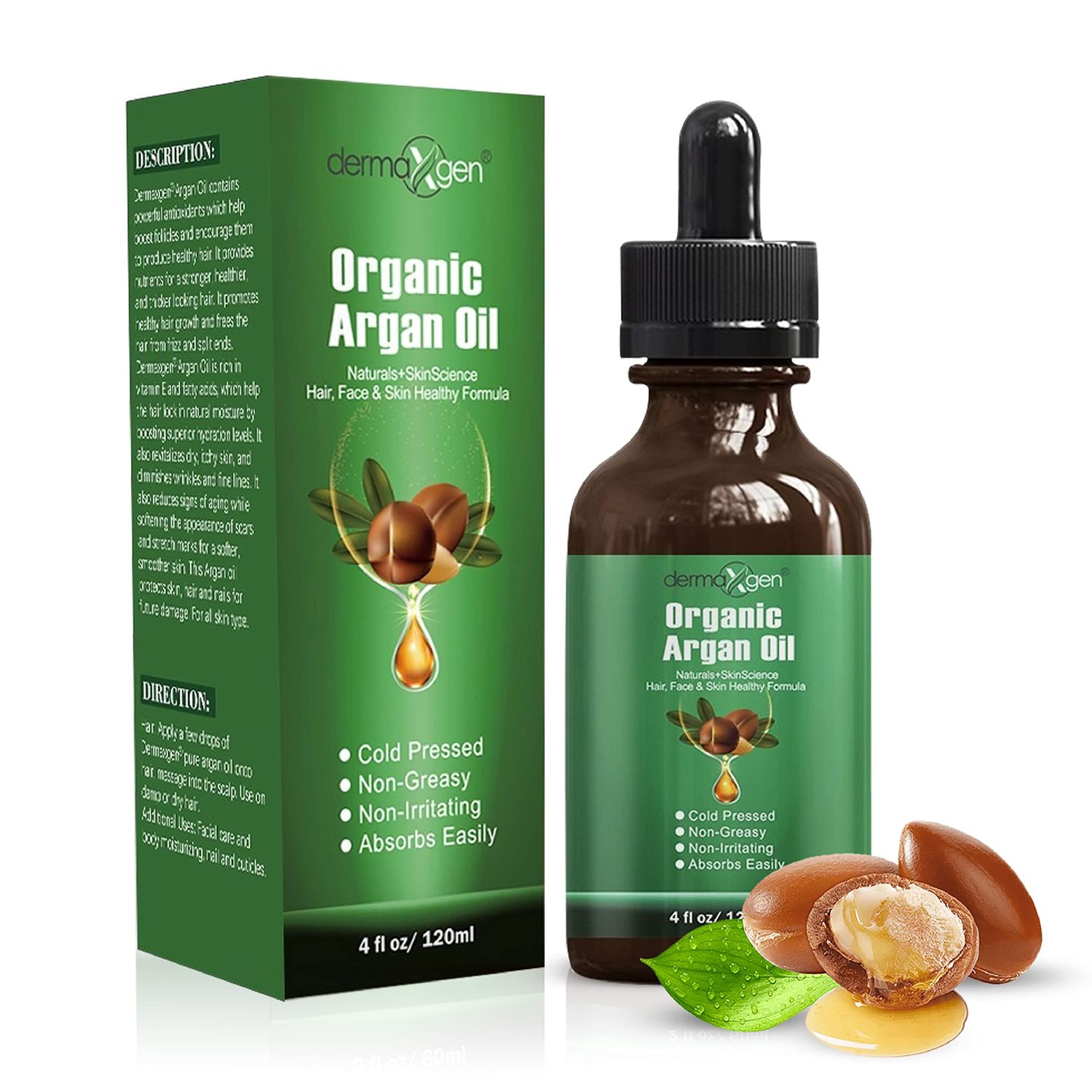 DERMAXGEN Argan Oil -100 Organic Cold Pressed Moroccan Oil - Anti-Aging Moisturizing Treatment for Face, Hair, Skin Nails, Acne Scars, Anti-Wrinkle. (4 FL OZ)
