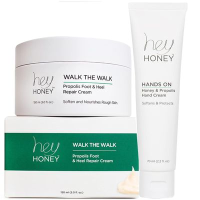 Hey Honey Walk The Walk Hands On Hands and Feet Honey Bee Propolis Treatment Duo For Soft Hydrated Hands Cracked Elbows Feet and Heels Full Size Items 7.5 Oz