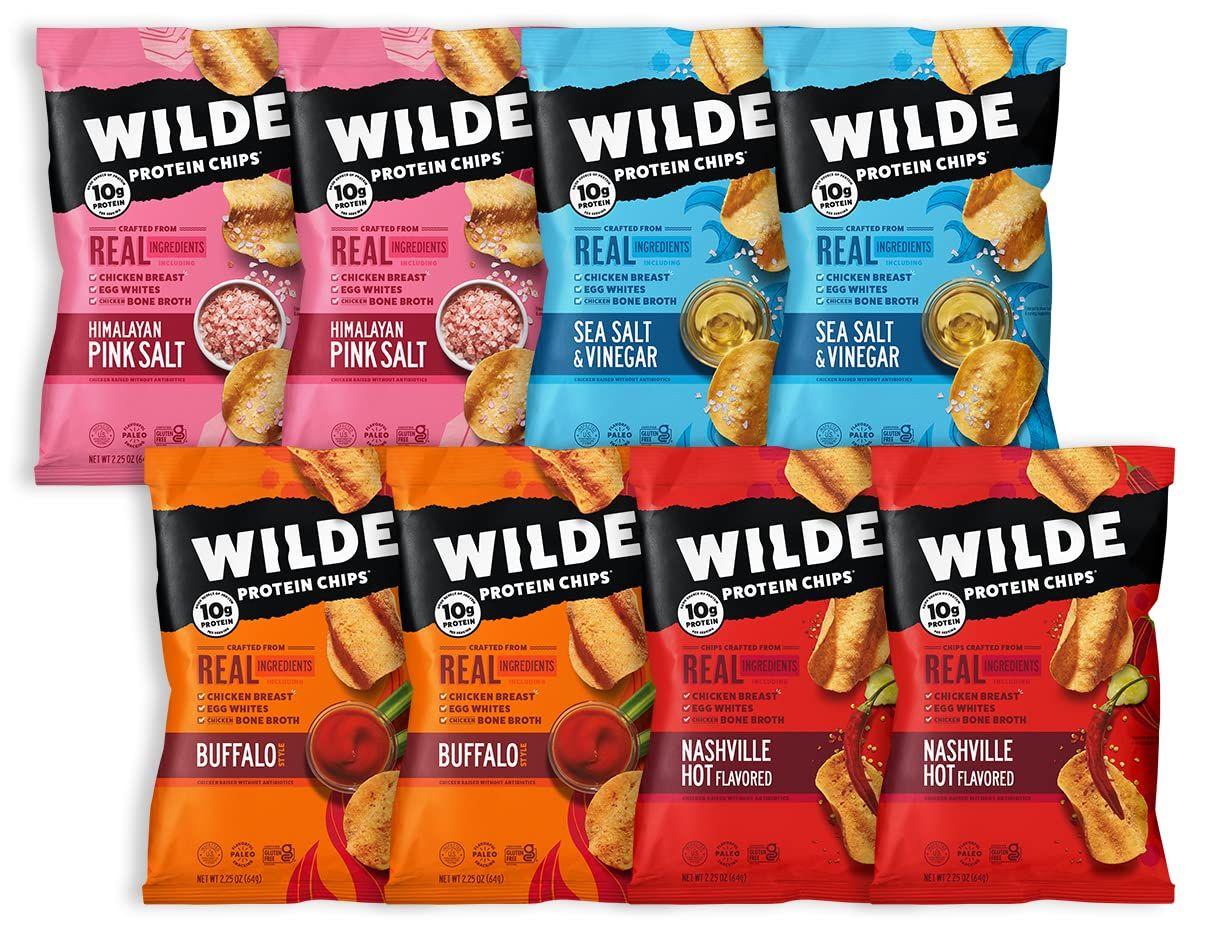 WILDE Protein Chips Variety Pack, Buffalo, Nashville Hot, Himalayan Pink Salt, Sea Salt and Vinegar, Thin and Crispy, High Protein, Keto Friendly, Made with Real Ingredients, 2.25oz Bags (Pack of 8)