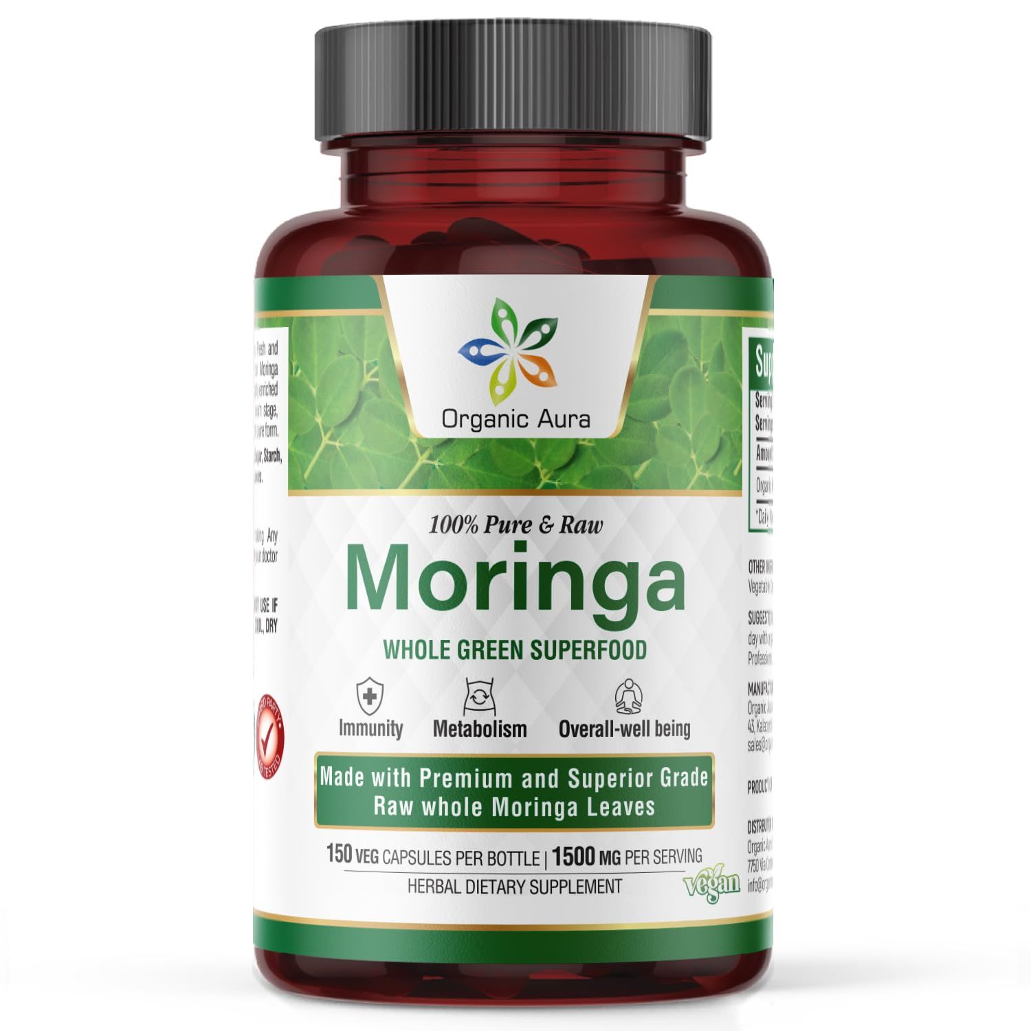 Organic Aura Moringa Leaf Capsules 1500mg - 150 HPMC Veg Whole Leaves Green Super Food Nutrition Naturally Boosts Metabolism, Energy, Health, Stamina 100 Pure Safe Moringa Non GMO.
