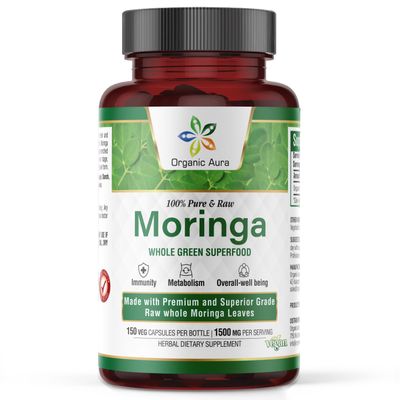 Organic Aura Moringa Leaf Capsules 1500mg - 150 HPMC Veg Whole Leaves Green Super Food Nutrition Naturally Boosts Metabolism, Energy, Health, Stamina 100 Pure Safe Moringa Non GMO.