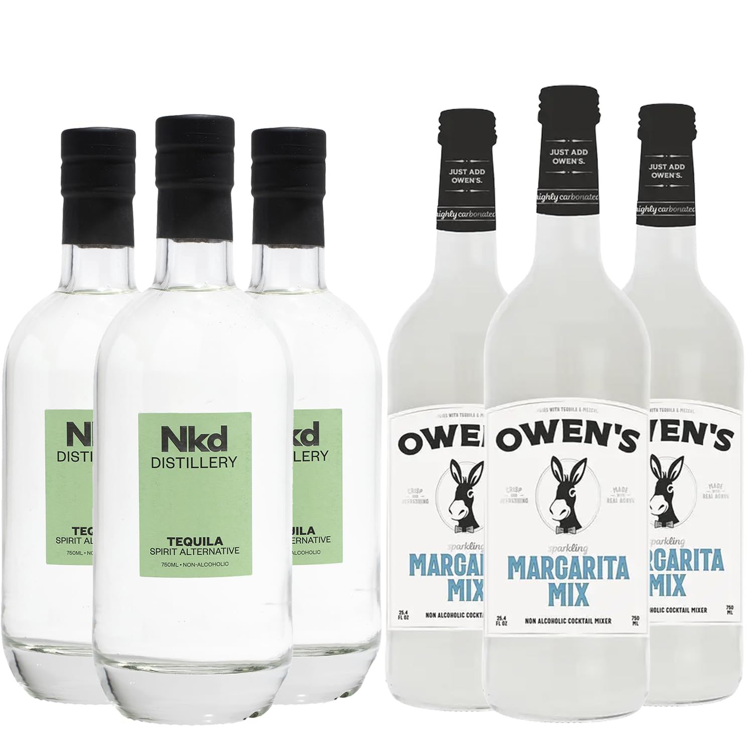 Nkd Distillery Tequila Alternative Premium Non-Alcoholic Spirit 750 ML Bottles w Owen s Mixers Margarita Mix 750 ML Bottles - Made in USA