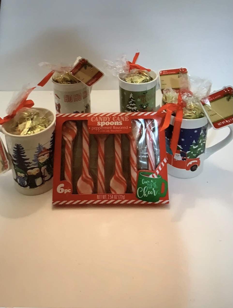 WAM Christmas Holiday Stoneware Mugs(Mugs Decor VARIES), Peppermint Candy Cane Spoons, 6-ct. Boxes, (BUNDLED with Miss S milk chocolate with marshmallows cocoa mix)