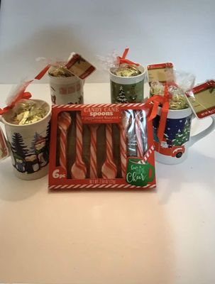 WAM Christmas Holiday Stoneware Mugs(Mugs Decor VARIES), Peppermint Candy Cane Spoons, 6-ct. Boxes, (BUNDLED with Miss S milk chocolate with marshmallows cocoa mix)