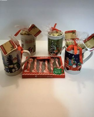 WAM Christmas Holiday Stoneware Mugs(Mugs Decor VARIES), Peppermint Candy Cane Spoons, 6-ct. Boxes, (BUNDLED with Miss S milk chocolate with marshmallows cocoa mix)