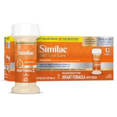 Similac 360 Total Care Sensitive Infant Formula for Fussiness Gas Due to Lactose Sensitivity, Has 5 HMO Prebiotics, Non-GMO, Baby Formula, Ready to Feed, 2-fl-oz Bottle, Pack of 12