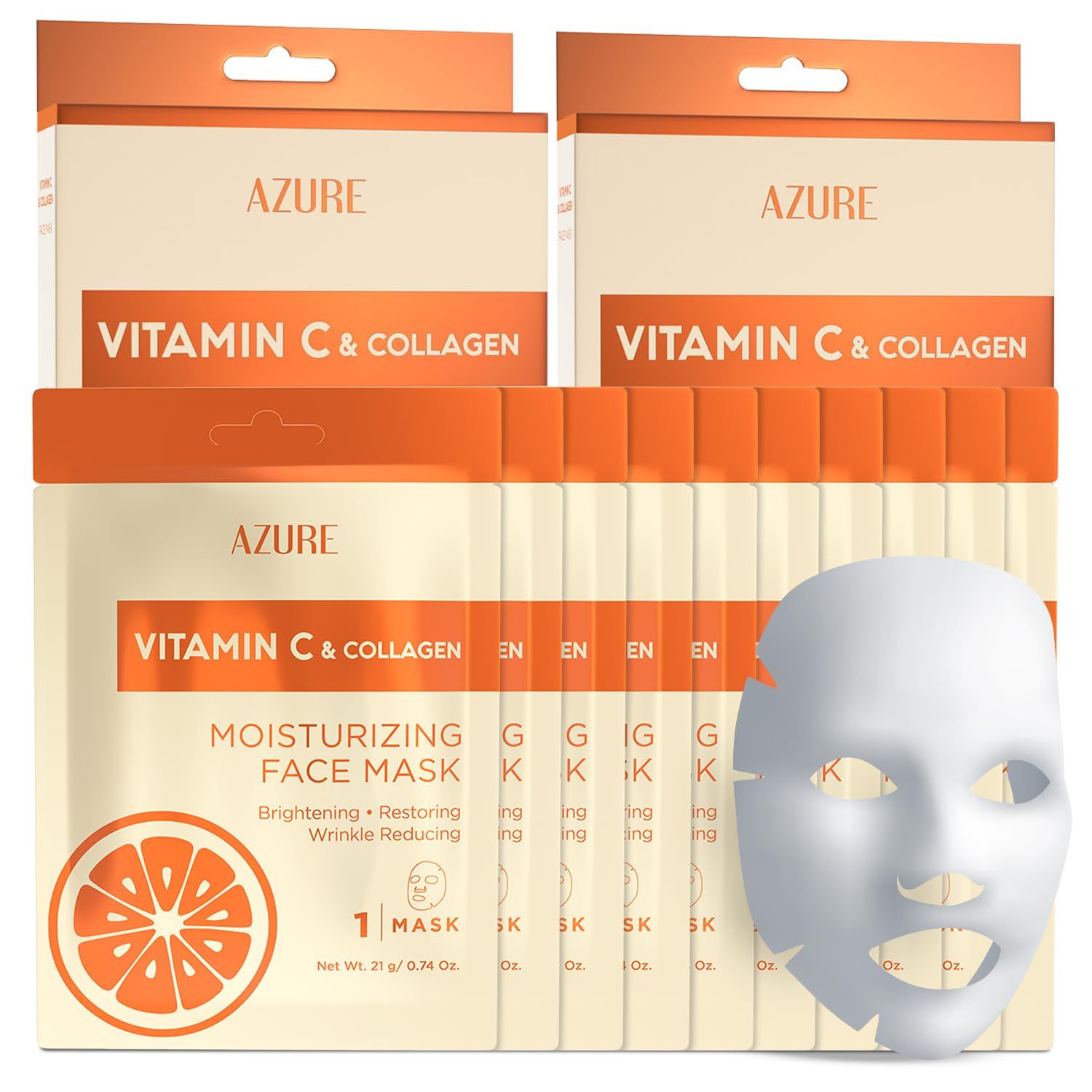 AZURE Vitamin C Collagen Moisturizing Facial Sheet Mask- Anti Aging, Deeply Moisturizing Firming - Improves Elasticity - Skin Care Made in Korea - 10 Pack