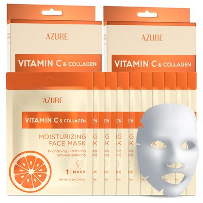 AZURE Vitamin C Collagen Moisturizing Facial Sheet Mask- Anti Aging, Deeply Moisturizing Firming - Improves Elasticity - Skin Care Made in Korea - 10 Pack