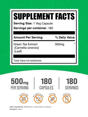 BulkSupplements.com Green Tea Extract Capsules - Green Tea Supplement, Green Tea Extract 500mg, Green Tea Pills - Vegan Gluten Free, 1 Capsule per Serving, 180 Veg Capsules (Pack of 1)