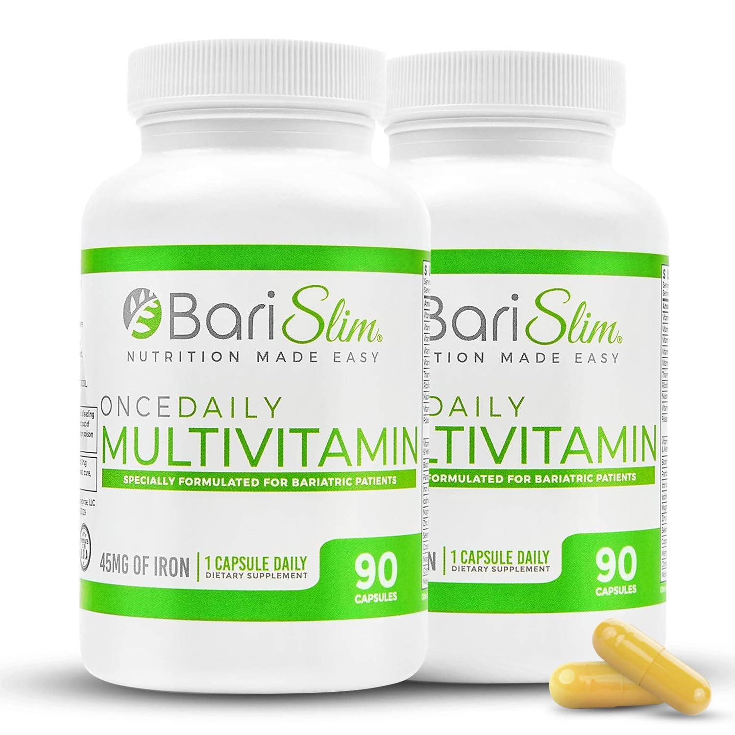 BariSlim Once Daily Bariatric Multivitamin Capsule - 45mg of Iron - Bariatric Vitamin Supplement for Post Bariatric Surgery Including Gastric Bypass Gastric Sleeve 2 Pack (180 Day Supply)