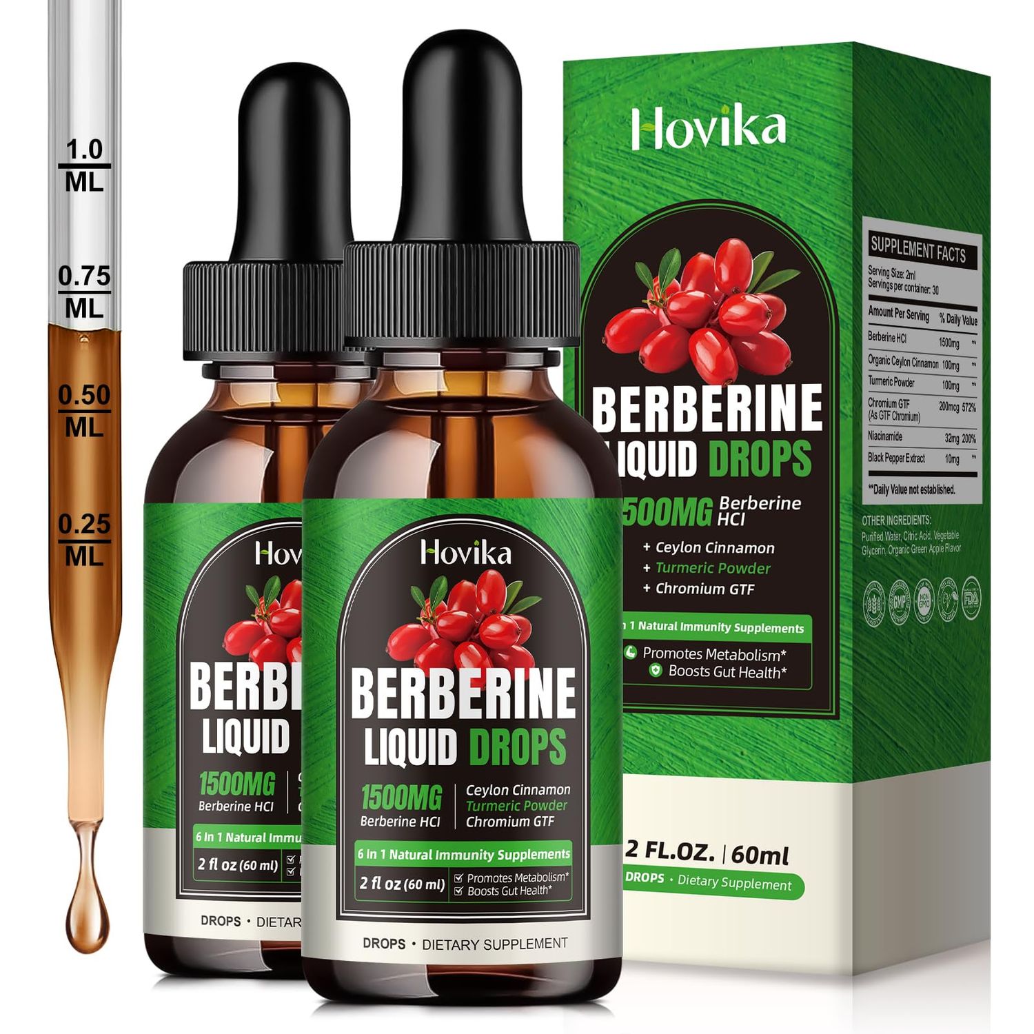 (2 Pack) Berberine HCL Liquid Drops - 1500 mg Berberine Supplement with Ceylon Cinnamon, Chromium, Turmeric, Niacinamide - Supports Metabolism and Immune System, Gut Health Vegan