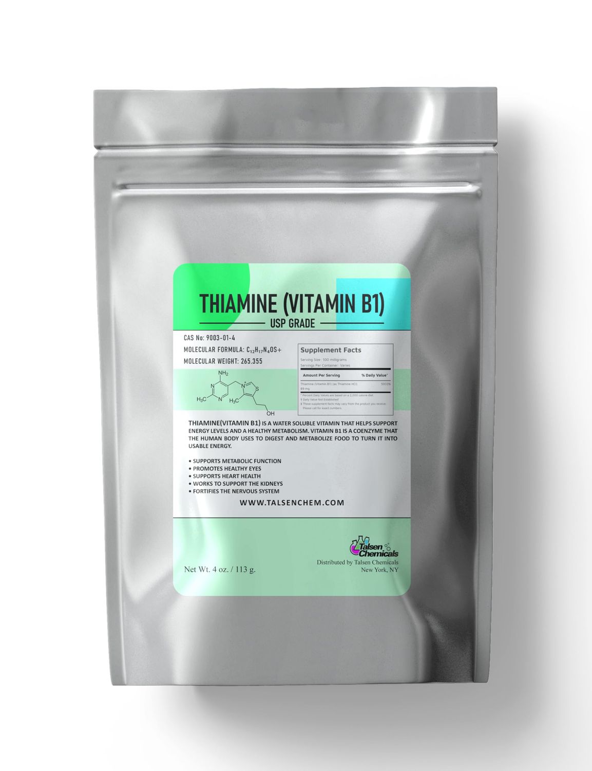 Talsen Chemicals Vitamin B1 Supplement Powder (4 Ounce113 Grams) Vitamin B1 Thiamine Powder Turn Food Into Energy Thiamine (Vitamin B1) for Energy Metabolism and Nerve Function Support