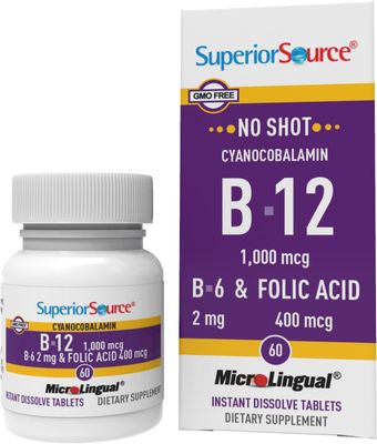 Superior Source No Shot Vitamin B-12 Cyanocobalamin 1000 mcg, B-6, Folic Acid 400 mcg - Support Brain Heart Health - Aids Natural Energy Levels - 60 Sublingual Dissolving Tablets