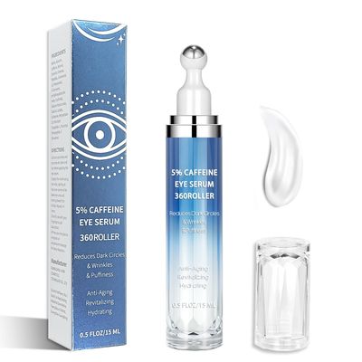 Eye Serum with 5 Caffeine 5 Retinol - Under Eye Cream with Hyaluronic Acid, Niacinamide Peptides for Dark Circles, Puffiness Fine Lines - 360 Massage Roller Ball, 0.5 fl. oz