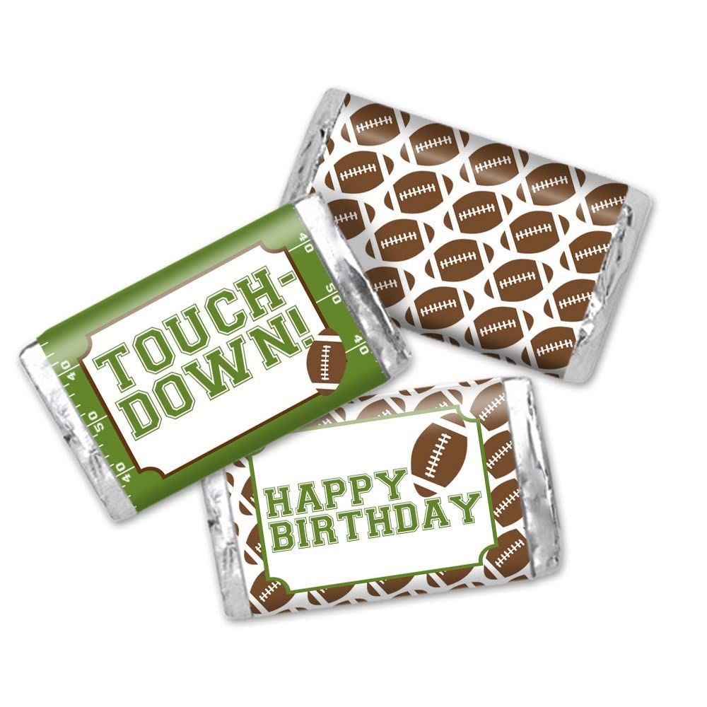 Football Touchdown Birthday Mini Chocolate Candy Bar Sticker Wrappers for Kids, 45 1.4&quot; x 2.6&quot; Wrap Around Labels by AmandaCreation, Great for Party Favors