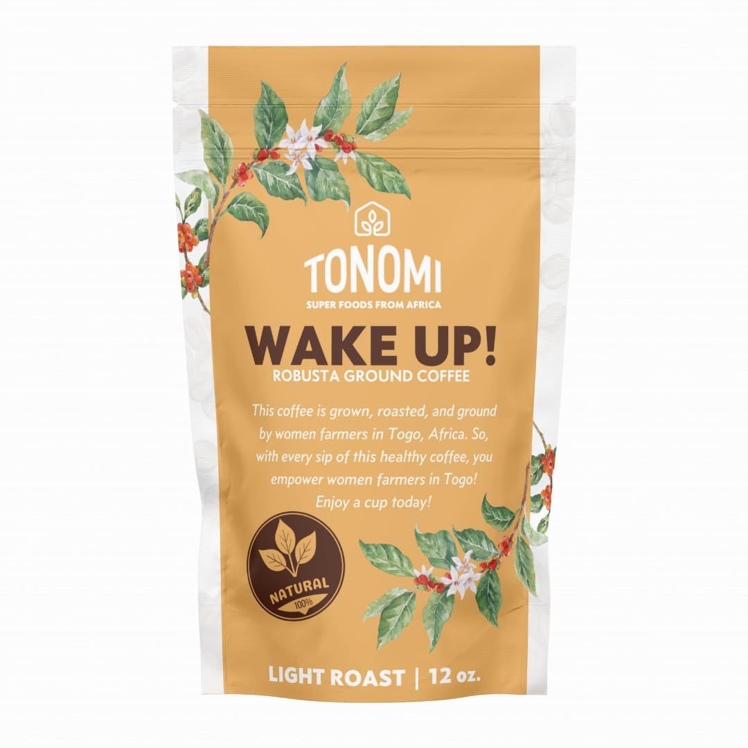 Tonomi Wake Up! Light Roast Ground Coffee - All Natural Blend with Hint of Vanilla, Chocolate Caramel - Coarse Grounds for Cold Brew or Traditional Brewing - Caffeine Packed, 12oz