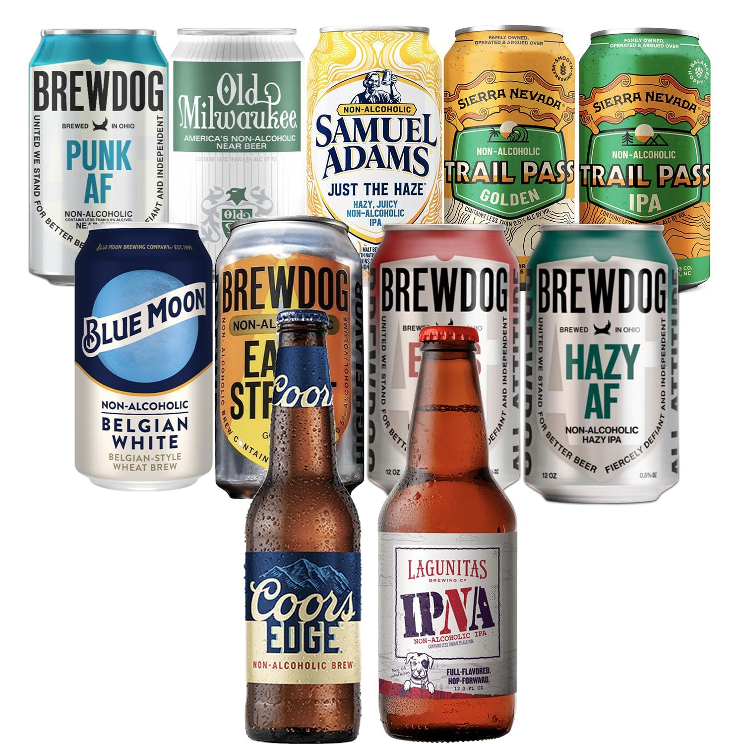 American Non-Alcoholic Beer Sampler 11 Pack - Includes Blue Moon, Brewdog, Old Milwaukee, Sam Adams, Sierra Nevada, Coors, and Lagunitas - Premium Alcohol-Free Beers from Top U.S. Breweries