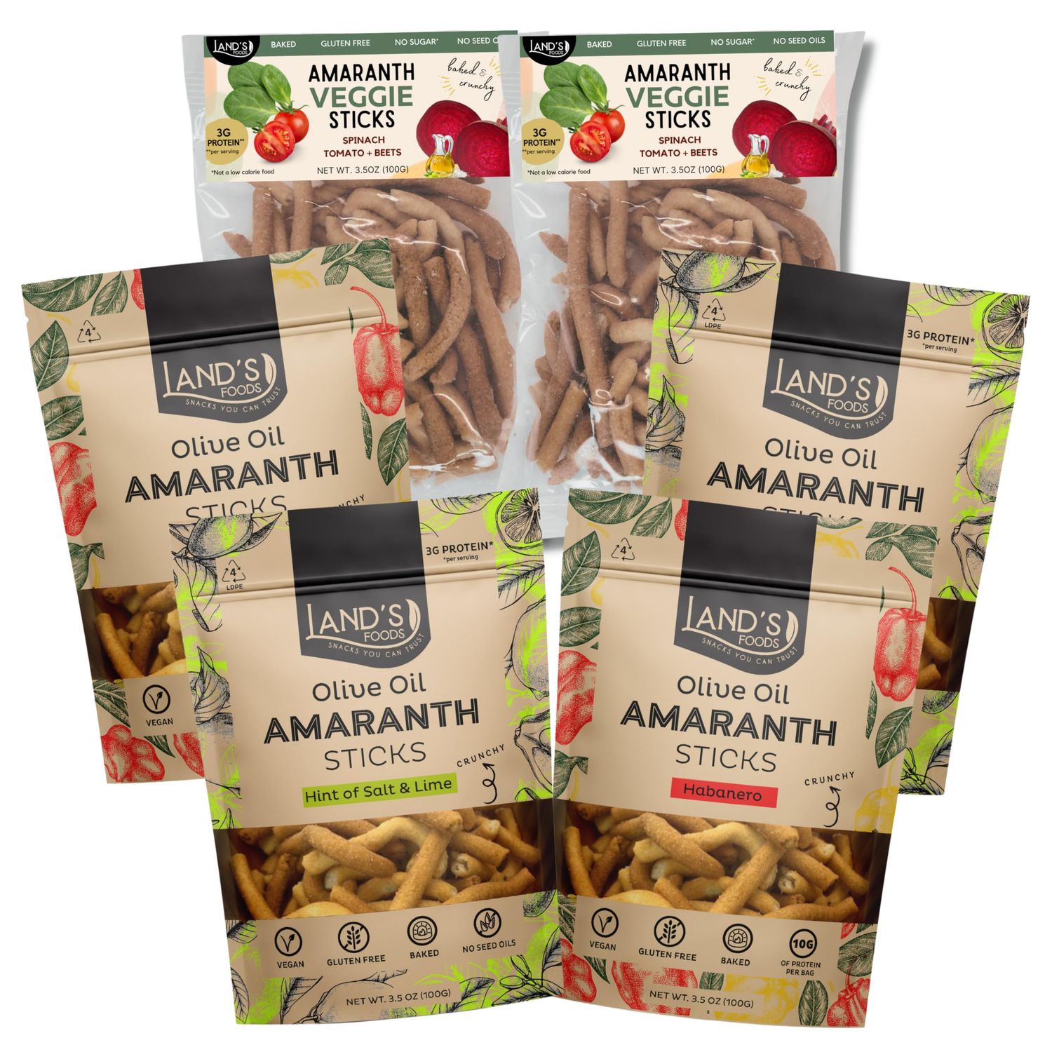 Amaranth Flour Baked Sticks With Olive Oil (Low Sodium). Extra Crunchy Grain Free Vegan Snack. Plant Based Protein (Variety snack pack of 6)