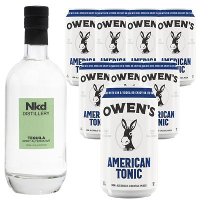 Nkd Distillery Tequila Alternative Premium Non-Alcoholic Spirit 750 ML Bottles w Owen s Mixers Tonic 8.2 OZ Cans - Perfect for Mocktails - Made in USA