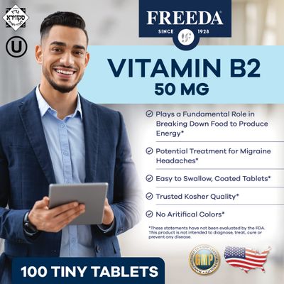Freeda Vitamin B2 Riboflavin 50mg - Energy Nervous System Support - Kosher, Vegan, Gluten-Free B2 Supplement for Brain Metabolism - (100 Ct)
