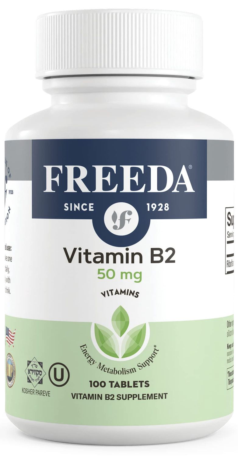 Freeda Vitamin B2 Riboflavin 50mg - Energy Nervous System Support - Kosher, Vegan, Gluten-Free B2 Supplement for Brain Metabolism - (100 Ct)