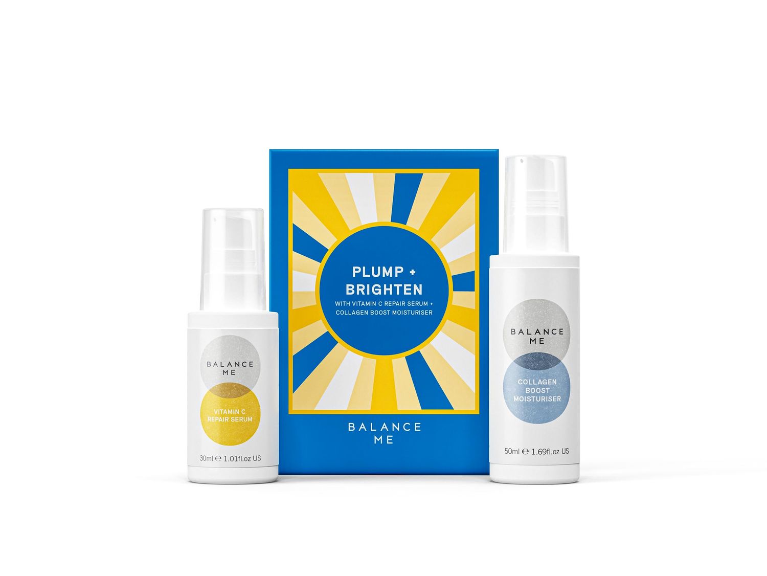 Balance Me Gift Set Plump Brighten Vitamin C Repair Serum, Collagen Boost, Ultimate Holiday Skin Brightening Kit, NaturalVegan Skin Care, 2 Full Size Products - 1 each