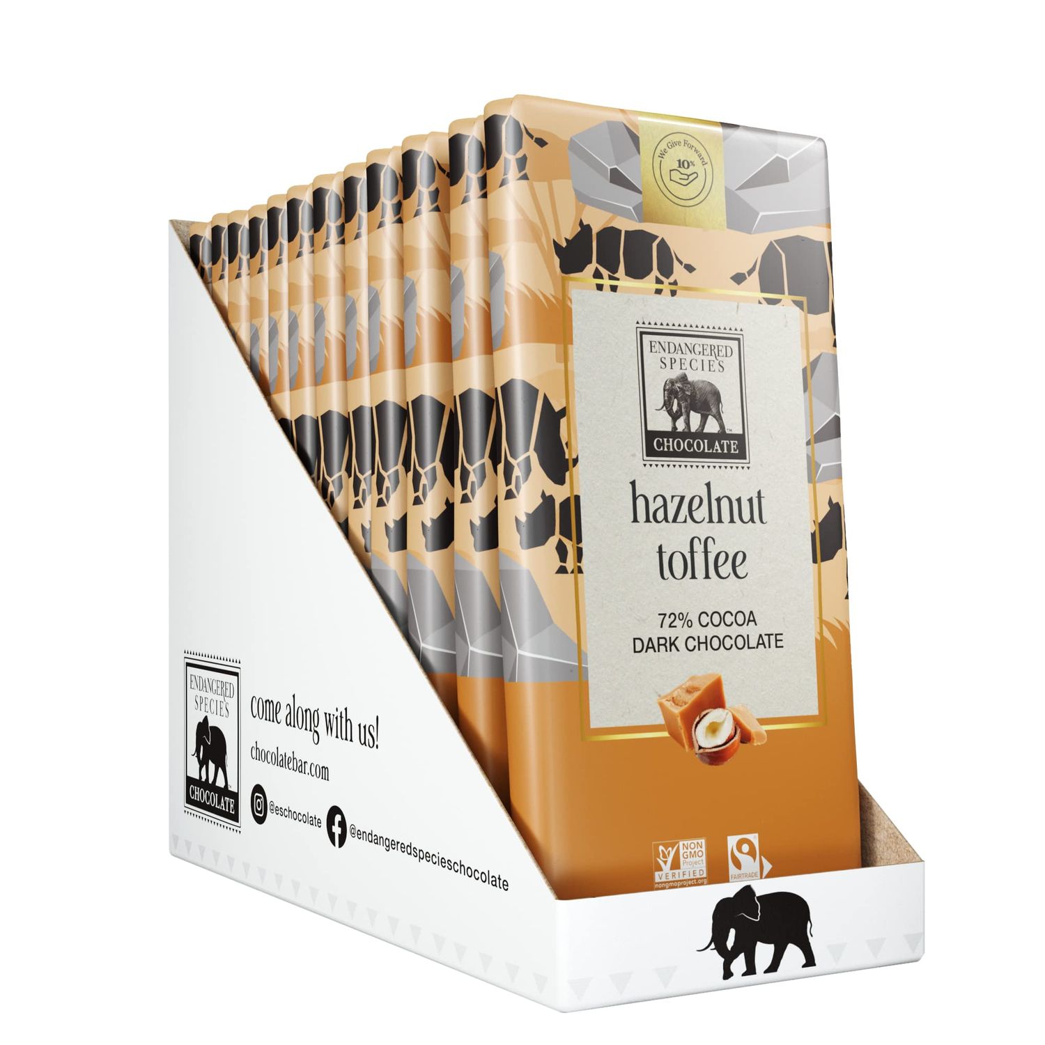 Endangered Species Dark Chocolate Bar with Hazelnut Toffee (72 cocoa)