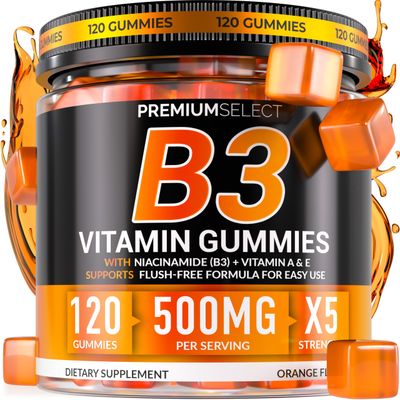 Vitamin B3 Gummies Niacinamide 500mg - 120 Gummies Supplement For Adults Vitamins A E - Flush Free Niacin 500mg for Skin, Energy Metabolism - Vegan, Non-GMO, Sugar Free - 2-Month Supply