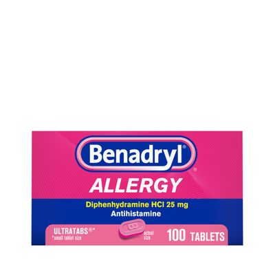 Benadryl Ultratabs Antihistamine Allergy Relief Medicine, Diphenhydramine HCl Tablets For Relief of Cold Allergy Symptoms Such as Sneezing, Runny Nose, Itchy Eyes Throat, 100 ct