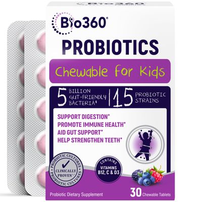 Bio360 Probiotics for Kids - 15 Strains 5 Billion CFU Supports Brain, Immune Digestive Health - Kids Probiotic Chewable with Organic Prebiotics for Gut Constipation, Mixed Berry Flavor, 30 Count