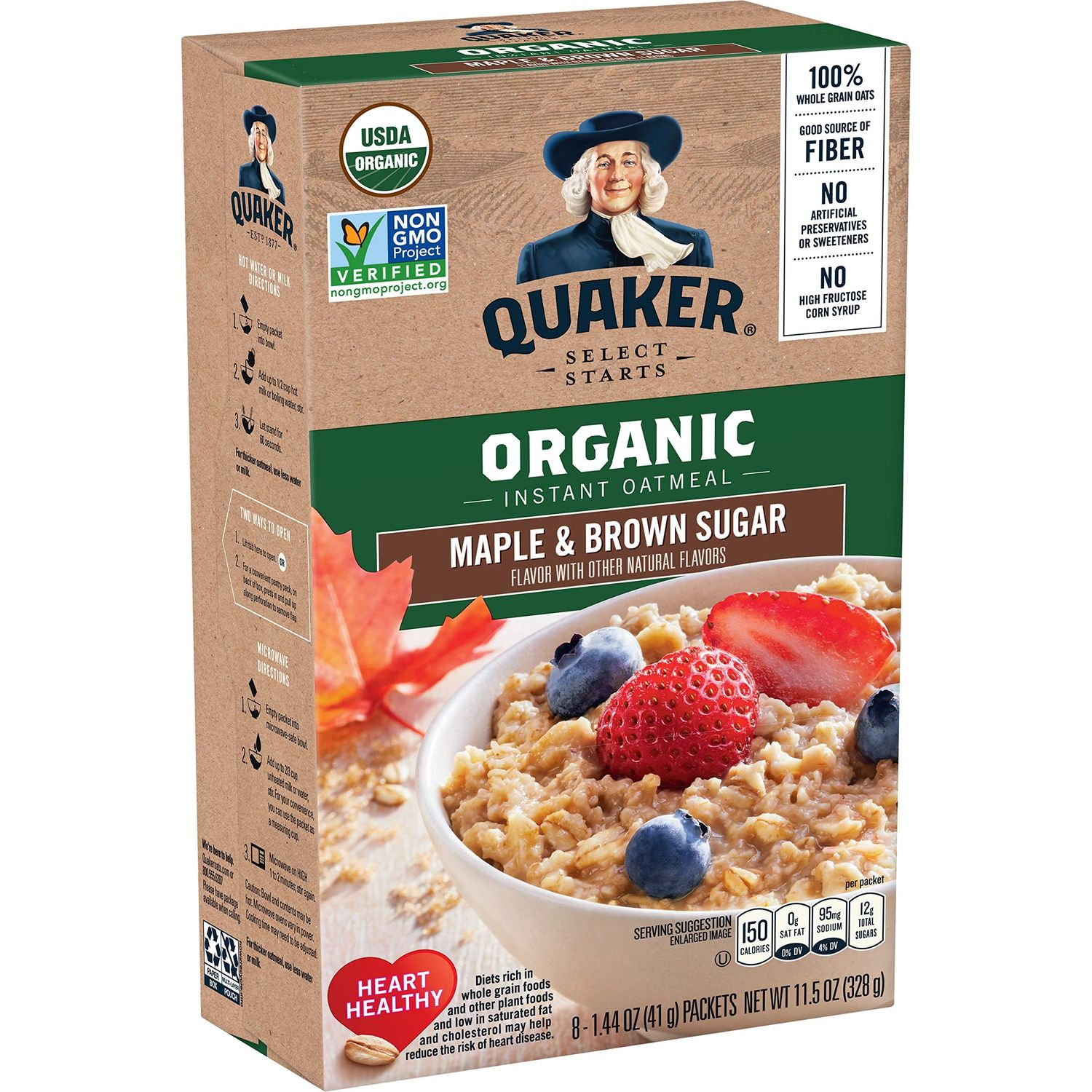 Quaker Instant Organic Oatmeal Maple Brown Sugar Breakfast Cereal, 8 Packets Per Box (Pack of 6 Boxes)