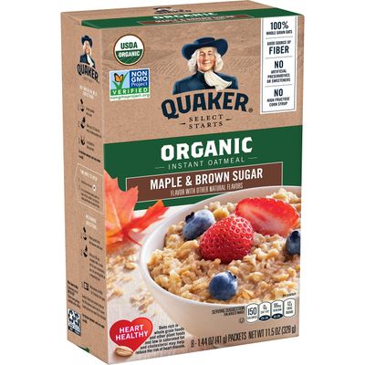 Quaker Instant Organic Oatmeal Maple Brown Sugar Breakfast Cereal, 8 Packets Per Box (Pack of 6 Boxes)