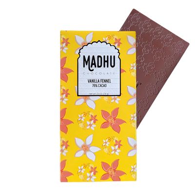 Madhu Chocolate Bar Award Winning Nutritious, Gluten, Soy Free Handcrafted Indian Inspired Cacao Chocolate Bar Gourmet Dessert Gifts Artisanal Snacks 2.6oz (Vanilla Fennel - 76 Cacao)