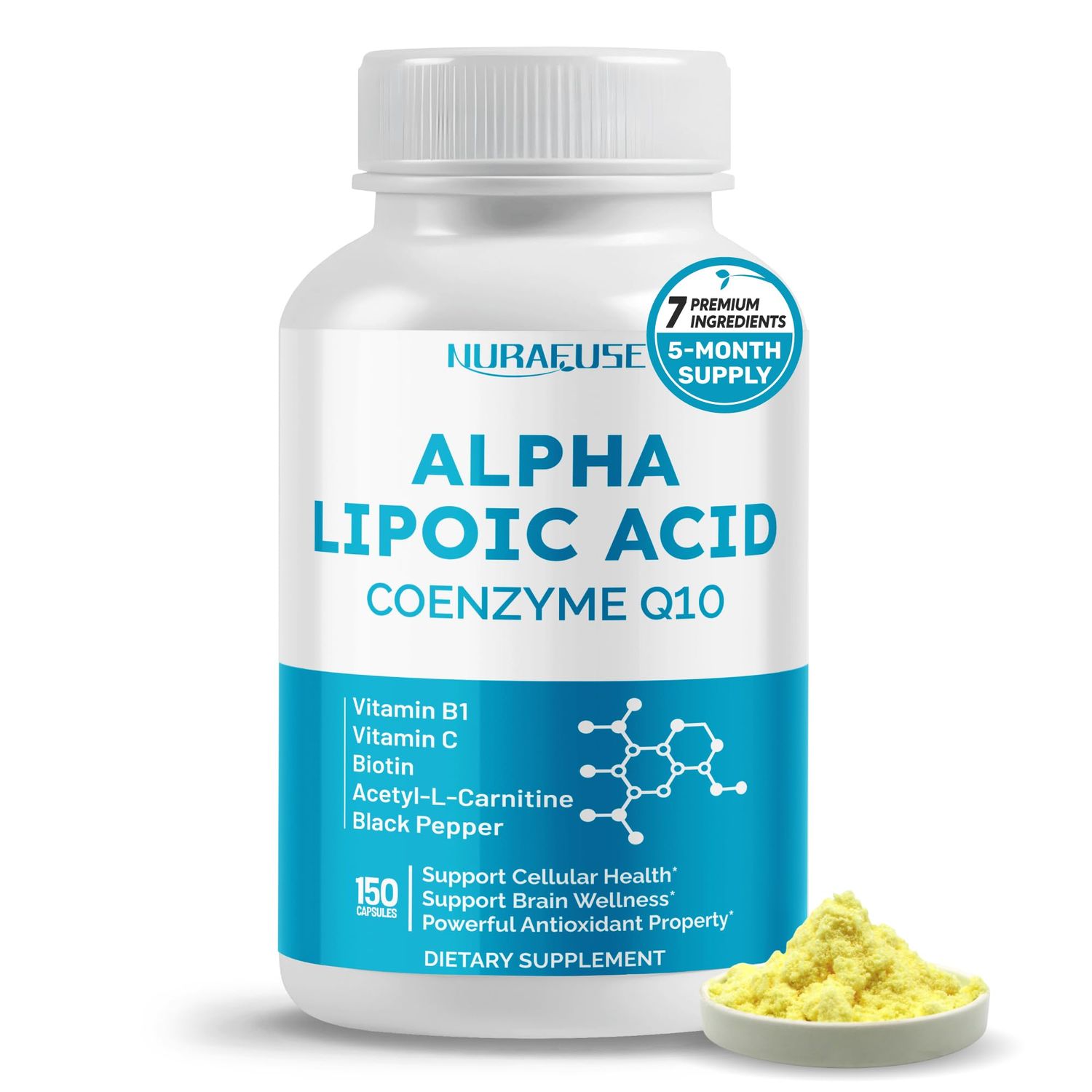 NURAFUSE Alpha Lipoic Acid with Coenzyme Q10, Vitamin B, Vitamin C, Biotin, Acetyl-L-Carnitine - Support Cellular Health, Brain Wellness - Made and Tested in The USA