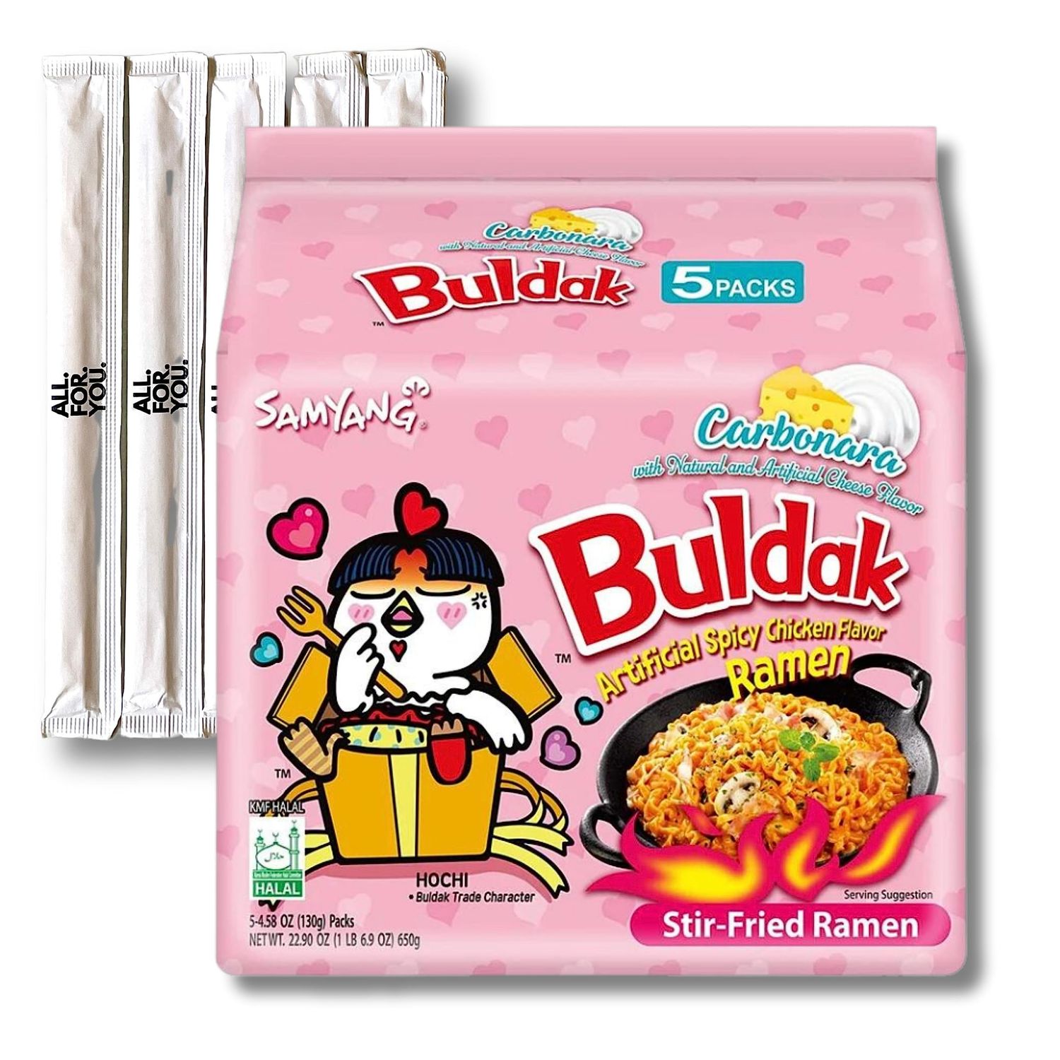 Buldak Ramen Noodles - 5 Pack - Carbonara Flavor - Spicy Ramen Noodles Samyang Buldak Ramen Korean Spicy Hot Chicken Stir-Fried Noodles Bundle with 5 ALL.FOR.YOU. Branded Chopsticks, 1