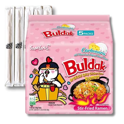 Buldak Ramen Noodles - 5 Pack - Carbonara Flavor - Spicy Ramen Noodles Samyang Buldak Ramen Korean Spicy Hot Chicken Stir-Fried Noodles Bundle with 5 ALL.FOR.YOU. Branded Chopsticks, 1