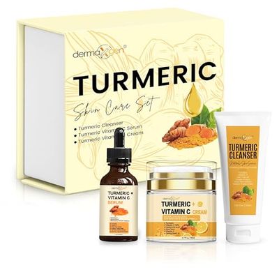 Dermaxgen Turmeric Complete Facial Care Kit - Organic Glowing Skin Anti-Aging, Rejuvenating, Boosting Collagen Hydrating - Day Night Brightening Skincare Gift Set