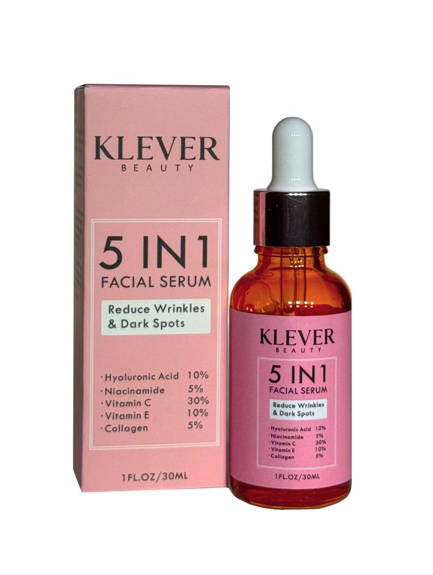 KLEVER Beauty 5-in-1 Facial Serum with Hyaluronic Acid, Collagen, Vitamin C, Vitamin E and Niacinamide