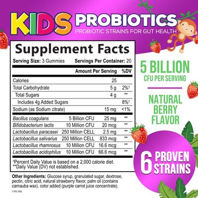 Kids Probiotic Gummies - Chewable Daily Probiotics for Kids Ages 3 - Natural Digestive Health Immune Support Vitamin - Vegan, Gluten Soy Dairy Free, Berry Flavored, Shelf Stable - 60 Gummies