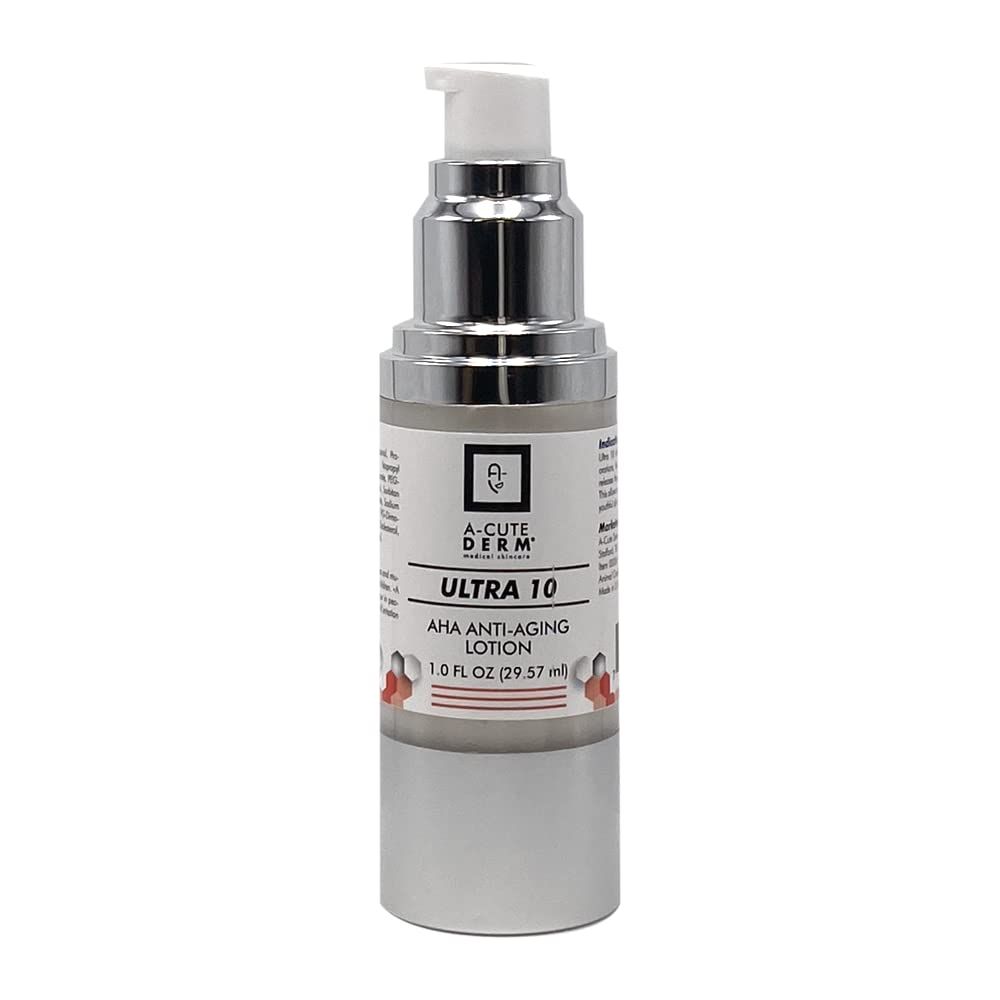 A-Cute Derm Ultra 10 AHA Anti-Aging Lotion for Exfoliation Simple and Effective for Face and Body (1 OZ)
