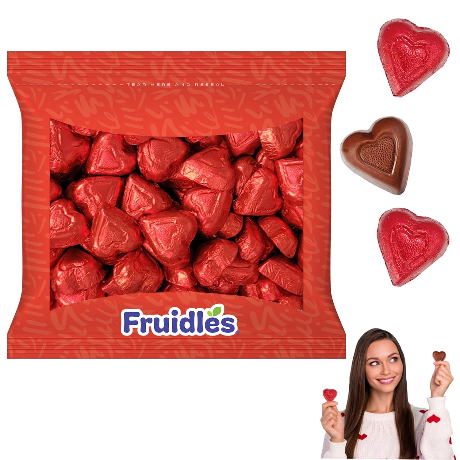 Fruidles Valentine&#39;s Milk Chocolate Hearts, Party Bag Fillers, Red Individually Wrapped Foils, Kosher Certified (4oz On-The-Go Bag)