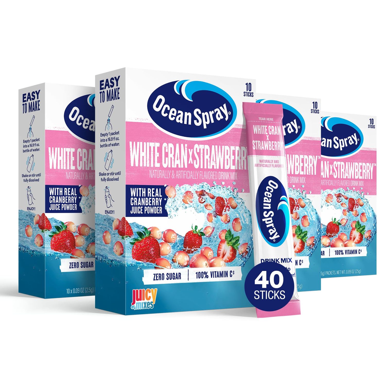 Ocean Spray White Cran-Strawberry Zero Sugar Powder Drink Mix Packets with Real Cranberry Juice Powder, 100 Vitamin C, No Synthetic Dyes, Juicy Mixes (40ct)