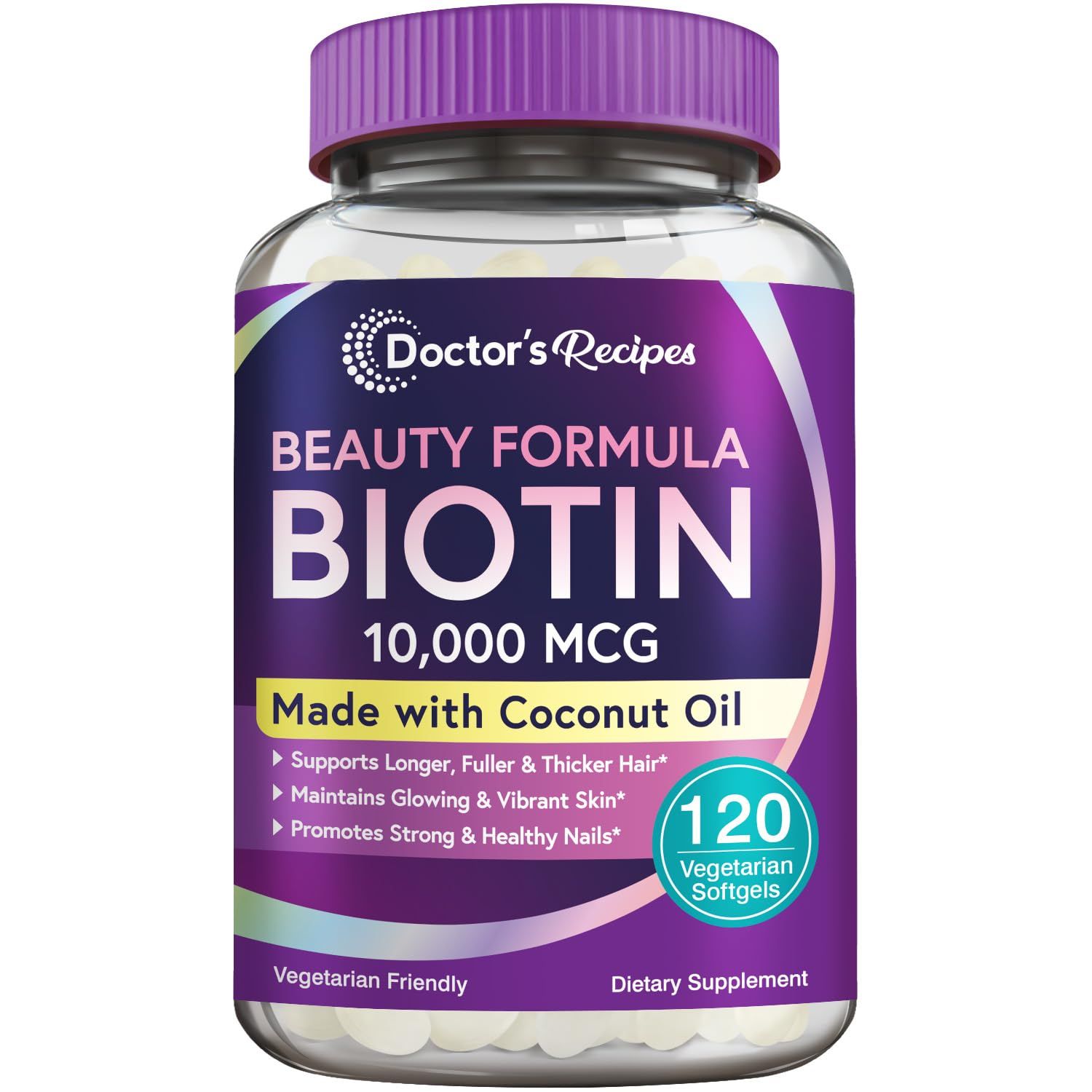 Doctor&#39;s Recipes Biotin 10,000 mcg, Hair Growth, Healthy Skin Nails, Energy Metabolism, Vegetarian-Friendly Biotin, with Coconut Oil, Non-GMO, 4 Month Supply, 120 Vegetarian Softgels