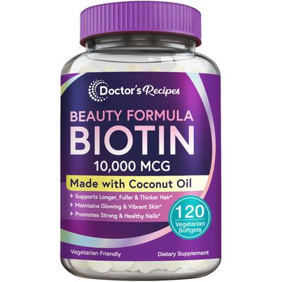 Doctor&#39;s Recipes Biotin 10,000 mcg, Hair Growth, Healthy Skin Nails, Energy Metabolism, Vegetarian-Friendly Biotin, with Coconut Oil, Non-GMO, 4 Month Supply, 120 Vegetarian Softgels