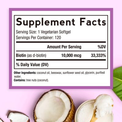Doctor's Recipes Biotin 10,000 mcg, Hair Growth, Healthy Skin Nails, Energy Metabolism, Vegetarian-Friendly Biotin, with Coconut Oil, Non-GMO, 4 Month Supply, 120 Vegetarian Softgels