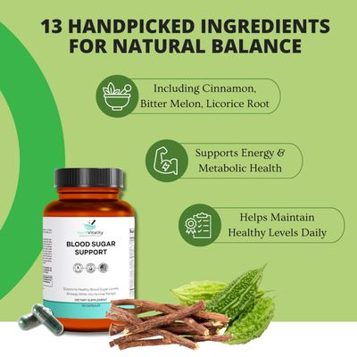 Herb Vitality Blood Sugar Support Supplement with Cinnamon, Bitter Melon - Supports Healthy Blood Sugar Levels Already Within Normal ranges Licorice Root Extract - 60 Capsules