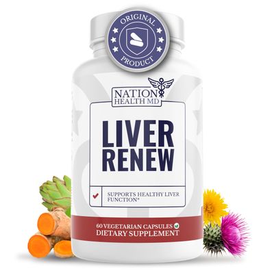 NATION HEALTH MD Liver Renew - Liver Cleanse Detox Repair - Liver Support Supplement with Artichoke Extract, Milk Thisle, Dandelion and Turmeric - 60 Capsules