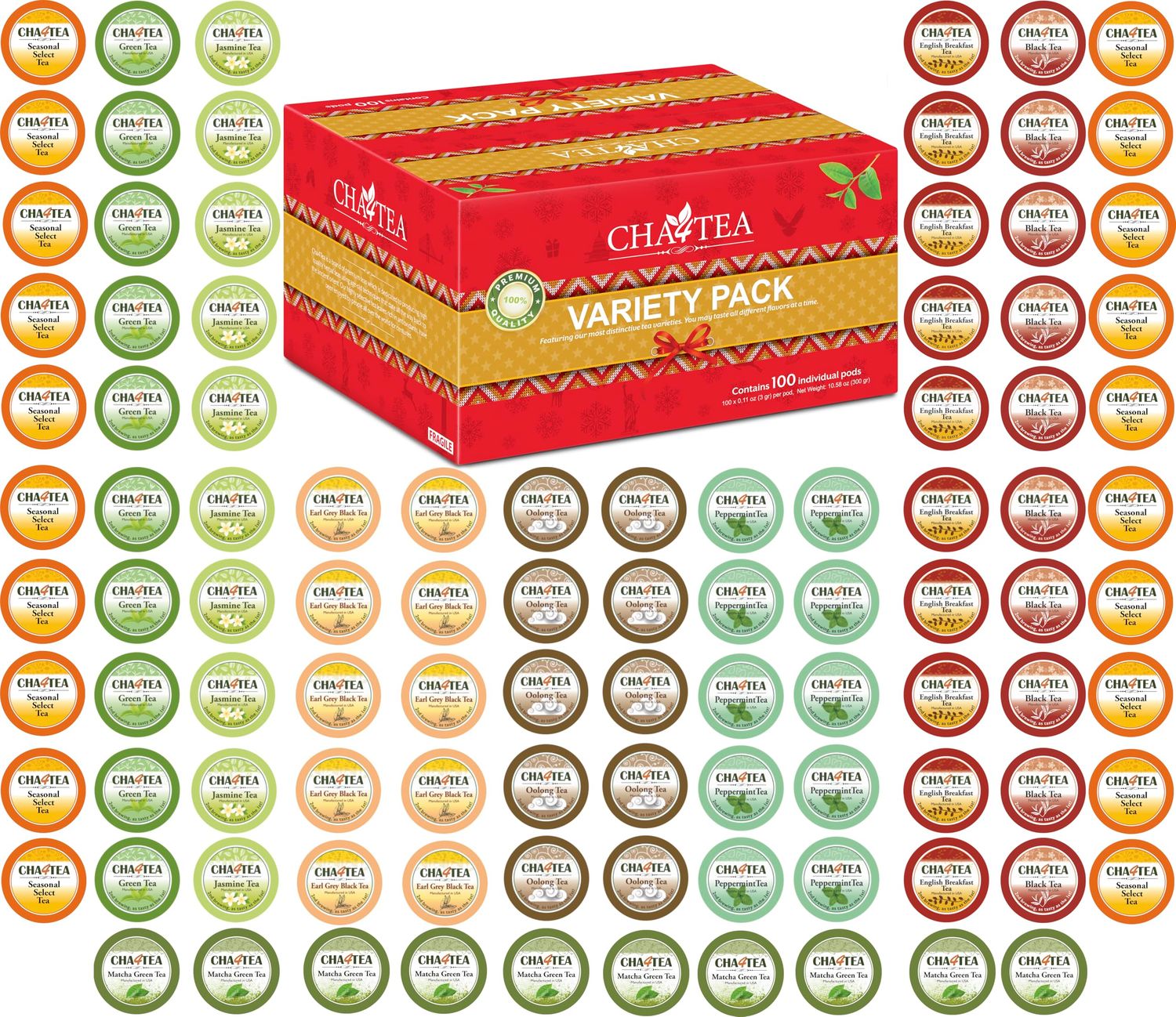Cha4TEA 100-Count Variety Pack Tea, Compatible with Keurig Brewers, Includes Green, Black, Jasmine, Earl Grey, English Breakfast, Oolong, Peppermint, Matcha Green 2 Seasonal Select Tea